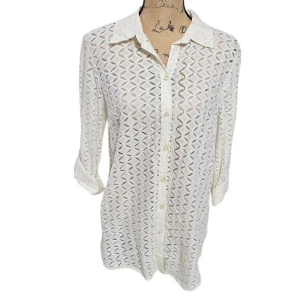 Chico's White Open‎ Weave Button Down Coverup Tunic Top Size 1 Medium